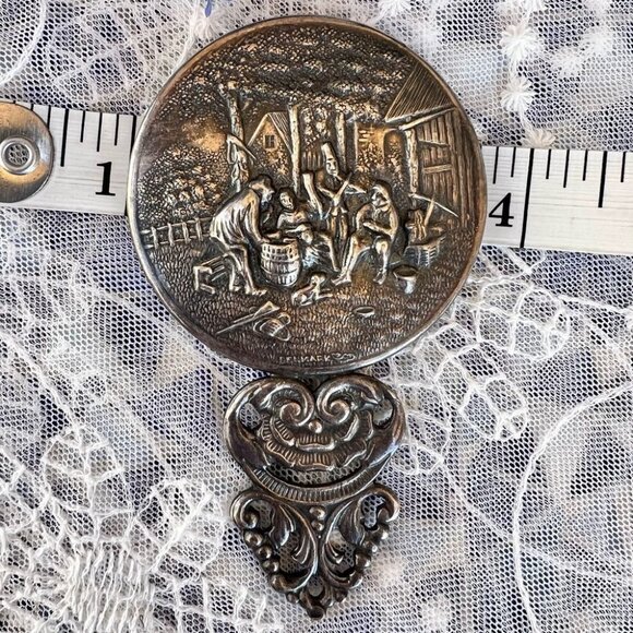 Vintage Hans Jensen Denmark Silver-plate Pocket/Purse Mirror Country Music Scene - Picture 9 of 9
